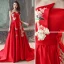 Chinese style Red Evening Dresses  2019 A-Line / Princess Strapless Appliques Lace Bow Sleeveless Backless Court Train Formal Dresses