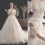 Charmant Champagner Brautkleider / Hochzeitskleider 2019 A Linie Spaghettiträger Perlenstickerei Pailletten Spitze Blumen Kurze Ärmel Rückenfreies Kathedrale Schleppe