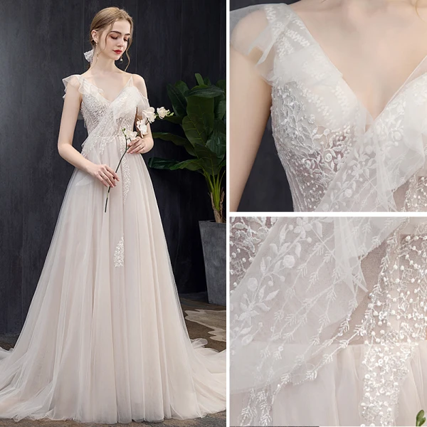 Chic / Beautiful Light Champagne Wedding Dresses 2019 A-Line / Princess V-Neck Lace Flower Short Sleeve Backless Court Train