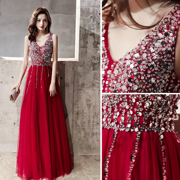 Charming Burgundy Evening Dresses  2020 A-Line / Princess V-Neck Sequins Sleeveless Backless Floor-Length / Long Formal Dresses