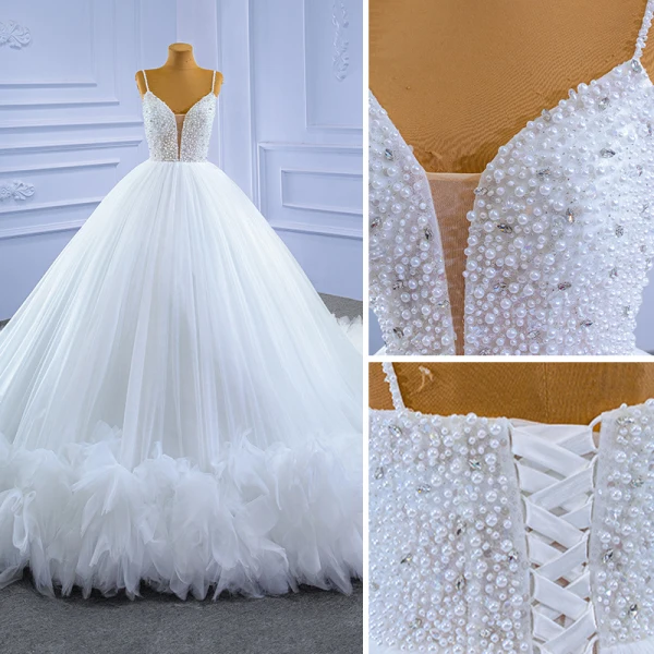 Luxe Blanche Robe De Mariée 2021 Robe Boule Bretelles Spaghetti Perlage Perle Paillettes Sans Manches Dos Nu Royal Train Mariage