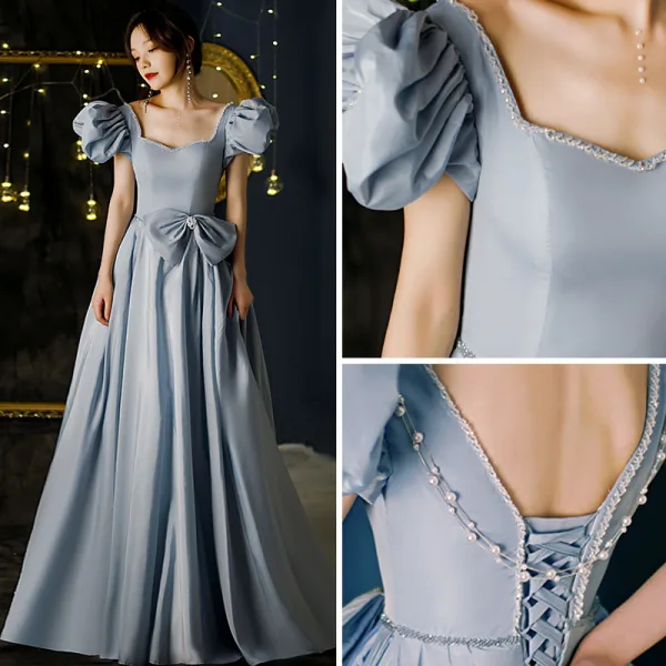 Vintage / Originale Bleu Ciel Robe De Bal 2021 Princesse Encolure Carrée Perlage Perle Noeud Gonflée Manches Courtes Dos Nu Longue Robe De Ceremonie