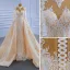 High-end Champagne Pearl Lace Flower Wedding Dresses 2021 Trumpet / Mermaid High Neck Long Sleeve Floor-Length / Long Wedding