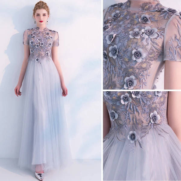 Elegant Grey Prom Dresses 2019 A-Line / Princess High Neck See-through Lace Flower Appliques Pearl Short Sleeve Floor-Length / Long Formal Dresses