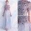 Elegant Grey Prom Dresses 2019 A-Line / Princess High Neck See-through Lace Flower Appliques Pearl Short Sleeve Floor-Length / Long Formal Dresses