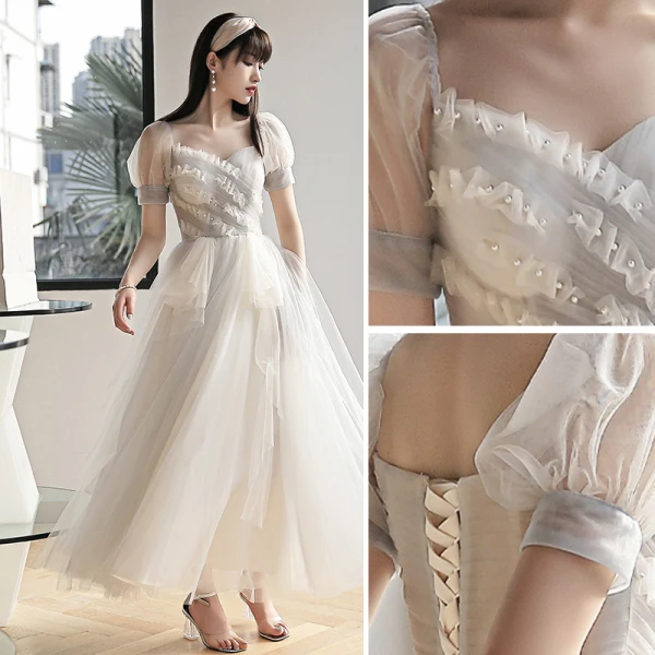Chic / Beautiful White Bridesmaid Dresses 2021 A-Line / Princess Square Neckline Pearl Short Sleeve Tea-length Bridesmaid Wedding Party Dresses