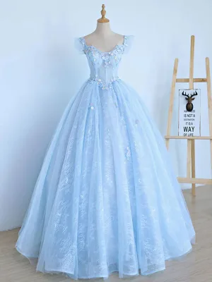 Élégant Bleu Ciel Perlage Perle En Dentelle Fleur Appliques Robe De Bal 2024 Robe Boule Encolure Carrée Sans Manches Dos Nu Longue Robe De Ceremonie