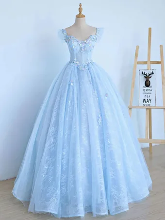 Élégant Bleu Ciel Perlage Perle En Dentelle Fleur Appliques Robe De Bal 2024 Robe Boule Encolure Carrée Sans Manches Dos Nu Longue Robe De Ceremonie