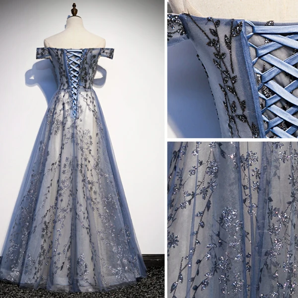 Modern / Fashion Ocean Blue Evening Dresses 2020 A-Line / Princess Off-The-Shoulder Sequins Short Sleeve Backless Floor-Length / Long Formal Dresses