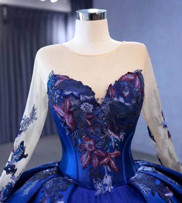 Vintage / Retro High-end Navy Blue Handmade  Beading Sequins Lace Flower Prom Dresses 2023 A-Line / Princess Scoop Neck Long Sleeve Backless Chapel Train