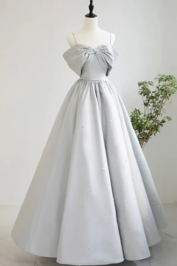 Classy Grey Beading Satin Bow Prom Dresses 2024 A Line Princess Spaghetti Straps Sleeveless Backless Floor Length Long Prom Formal Dresses