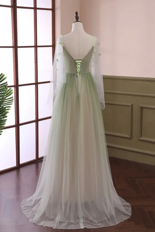Fashion Gradient-Color Sage Green Appliques Prom Dresses 2024 A-Line / Princess V-Neck Long Sleeve Backless Floor-Length / Long Prom Formal Dresses