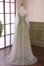 Fashion Gradient-Color Sage Green Appliques Prom Dresses 2024 A-Line / Princess V-Neck Long Sleeve Backless Floor-Length / Long Prom Formal Dresses