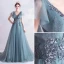 Élégant Bleu D'encre Robe De Bal 2020 Princesse V-Cou Perlage Paillettes En Dentelle Fleur Manches Courtes Dos Nu Train De Balayage Robe De Ceremonie