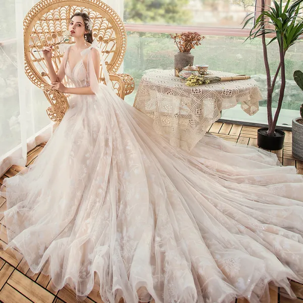 Champagne Outdoor / Garden Light Wedding Dresses 2020 A-Line / Princess Spaghetti Straps Sleeveless Backless Appliques Sequins Glitter Tulle Court Train Ruffle