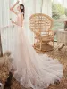 Champagne Outdoor / Garden Light Wedding Dresses 2020 A-Line / Princess Spaghetti Straps Sleeveless Backless Appliques Sequins Glitter Tulle Court Train Ruffle