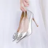 Charmant Argenté Chaussure De Mariée Faux Diamant 2020 Cuir Verni Perle 10 cm Talons Aiguilles À Bout Pointu Mariage Escarpins