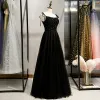 Charming Black Evening Dresses  2020 A-Line / Princess Spaghetti Straps Beading Crystal Sleeveless Backless Floor-Length / Long Formal Dresses
