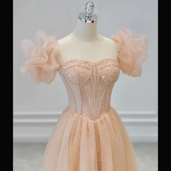 Charming Champagne Sequins Evening Dresses 2022 A-Line / Princess ...