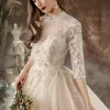 Charming Champagne Wedding Dresses 2020 A-Line / Princess Scoop Neck Beading Sequins Lace Flower 3/4 Sleeve Backless Cathedral Train