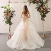 Charming Champagne Wedding Dresses 2020 A-Line / Princess Spaghetti Straps Beading Sequins Lace Flower Sleeveless Backless Bow Cascading Ruffles Court Train