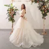 Charming Champagne Wedding Dresses 2020 A-Line / Princess Spaghetti Straps Beading Sequins Lace Flower Sleeveless Backless Bow Cascading Ruffles Court Train