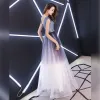 Charming Grape Gradient-Color 2019 A-Line / Princess Evening Dresses  Scoop Neck Sequins Metal Sash Sleeveless Backless Floor-Length / Long Formal Dresses