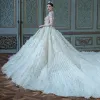 Charming Ivory See-through Bridal Wedding Dresses 2020 Ball Gown High Neck Long Sleeve Appliques Lace Beading Sequins Feather Cathedral Train Ruffle