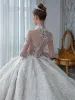 Charming Ivory See-through Bridal Wedding Dresses 2020 Ball Gown High Neck Long Sleeve Appliques Lace Beading Sequins Feather Cathedral Train Ruffle