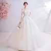Charming Ivory Wedding Dresses 2020 Ball Gown Off-The-Shoulder Beading Crystal Tassel Sequins Lace Flower Short Sleeve Backless Floor-Length / Long