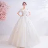 Charming Ivory Wedding Dresses 2020 Ball Gown Off-The-Shoulder Beading Crystal Tassel Sequins Lace Flower Short Sleeve Backless Floor-Length / Long