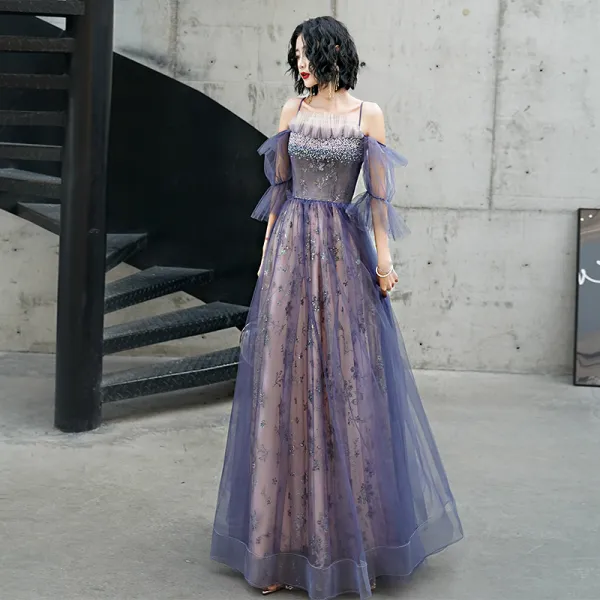 Charming Purple Evening Dresses  2020 Ball Gown A-Line / Princess Spaghetti Straps Beading Lace Sequins Flower Short Sleeve Backless Floor-Length / Long Formal Dresses