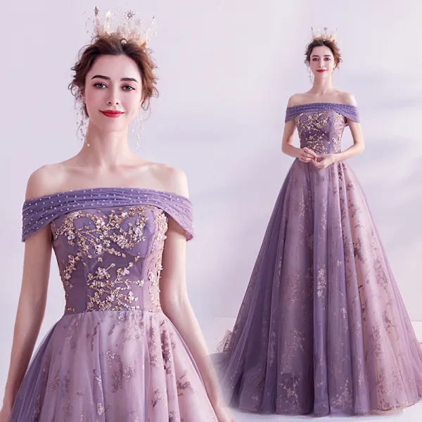 Charming Purple Prom Dresses 2020 A-Line / Princess Off-The-Shoulder Glitter Beading Pearl Rhinestone Sequins Sleeveless Backless Court Train Formal Dresses