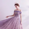 Charming Purple Prom Dresses 2020 A-Line / Princess Off-The-Shoulder Glitter Beading Pearl Rhinestone Sequins Sleeveless Backless Court Train Formal Dresses