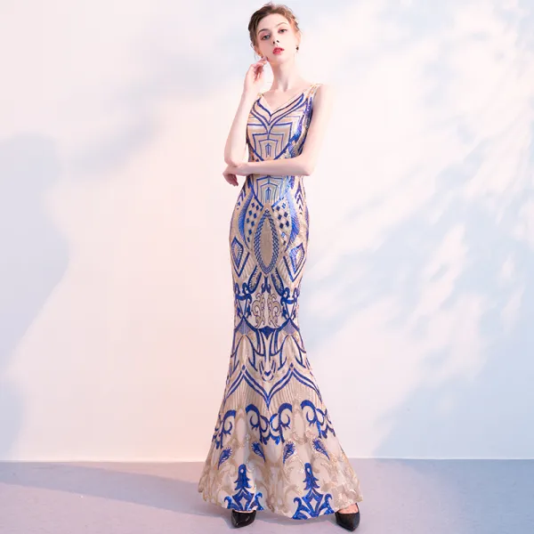 Charming Royal Blue Champagne Evening Dresses  2018 Trumpet / Mermaid Sequins V-Neck Backless Sleeveless Floor-Length / Long Formal Dresses