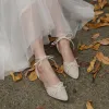 Charming White Lace Flower Wedding Shoes 2020 Bow Ankle Strap 7 cm Stiletto Heels Pointed Toe Wedding Heels