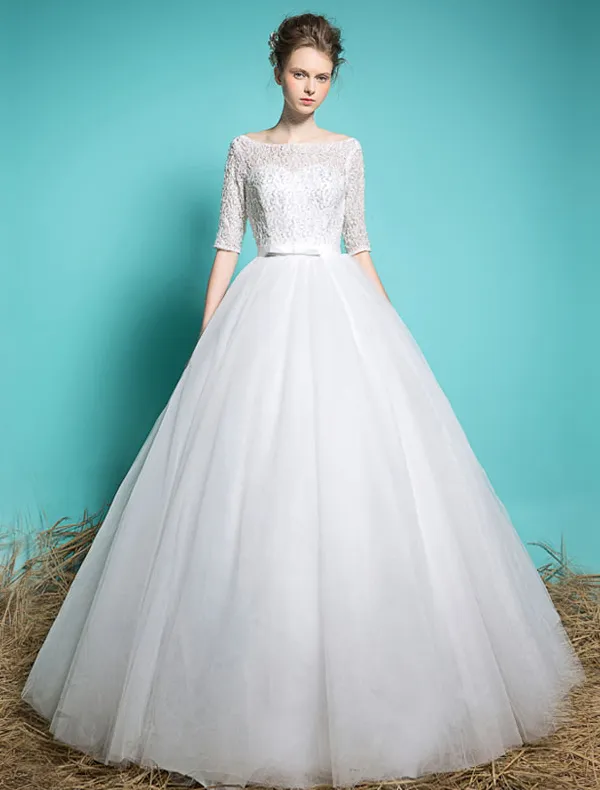 Cheap Wedding Dresses 2016 Elegant Square Neck Beading Sequins 1/2 Sleeves White Ruffle Tulle Ball Gown With Sash