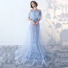 Chic / Beautiful 2017 Ink Blue Evening Dresses  U-Neck Appliques Backless Trumpet / Mermaid Party Dresses