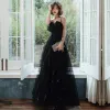 Chic / Beautiful Black Evening Dresses  With Shawl 2020 A-Line / Princess Spaghetti Straps Sleeveless Appliques Flower Beading Rhinestone Sequins Tulle Floor-Length / Long Ruffle Backless Formal Dresses
