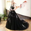 Chic / Beautiful Black Prom Dresses 2018 A-Line / Princess Embroidered V-Neck Backless Sleeveless Court Train Formal Dresses