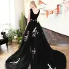 Chic / Beautiful Black Prom Dresses 2018 A-Line / Princess Embroidered V-Neck Backless Sleeveless Court Train Formal Dresses
