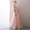 Chic / Beautiful Blushing Pink Evening Dresses  2018 A-Line / Princess Beading Sequins Pearl Split Front V-Neck 1/2 Sleeves Backless Sweep Train Formal Dresses