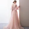 Chic / Beautiful Blushing Pink Evening Dresses  2018 A-Line / Princess Beading Sequins Pearl Split Front V-Neck 1/2 Sleeves Backless Sweep Train Formal Dresses