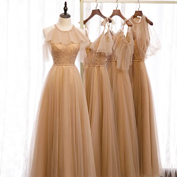 Chic / Beautiful Brown Bridesmaid Dresses 2020 A-Line / Princess Short Sleeve Backless Beading Sash Floor-Length / Long Ruffle