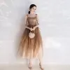 Chic / Beautiful Brown Homecoming Graduation Dresses 2019 A-Line / Princess Spaghetti Straps Bow Sleeveless Backless Ankle Length Formal Dresses