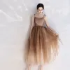 Chic / Beautiful Brown Homecoming Graduation Dresses 2019 A-Line / Princess Spaghetti Straps Bow Sleeveless Backless Ankle Length Formal Dresses