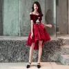 Chic / Beautiful Burgundy Cocktail Dresses 2018 A-Line / Princess Asymmetrical Suede Lace Flower Off-The-Shoulder Backless Short Sleeve Formal Dresses