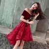 Chic / Beautiful Burgundy Cocktail Dresses 2018 A-Line / Princess Asymmetrical Suede Lace Flower Off-The-Shoulder Backless Short Sleeve Formal Dresses