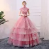 Chic / Beautiful Candy Pink Cascading Ruffles Prom Dresses 2018 Ball Gown Sash Butterfly High Neck Sleeveless Floor-Length / Long Formal Dresses