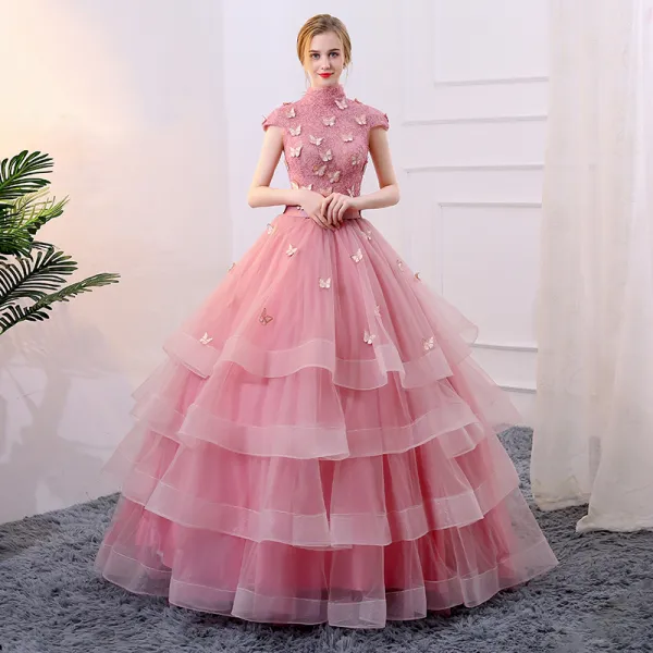 Chic / Beautiful Candy Pink Cascading Ruffles Prom Dresses 2018 Ball Gown Sash Butterfly High Neck Sleeveless Floor-Length / Long Formal Dresses